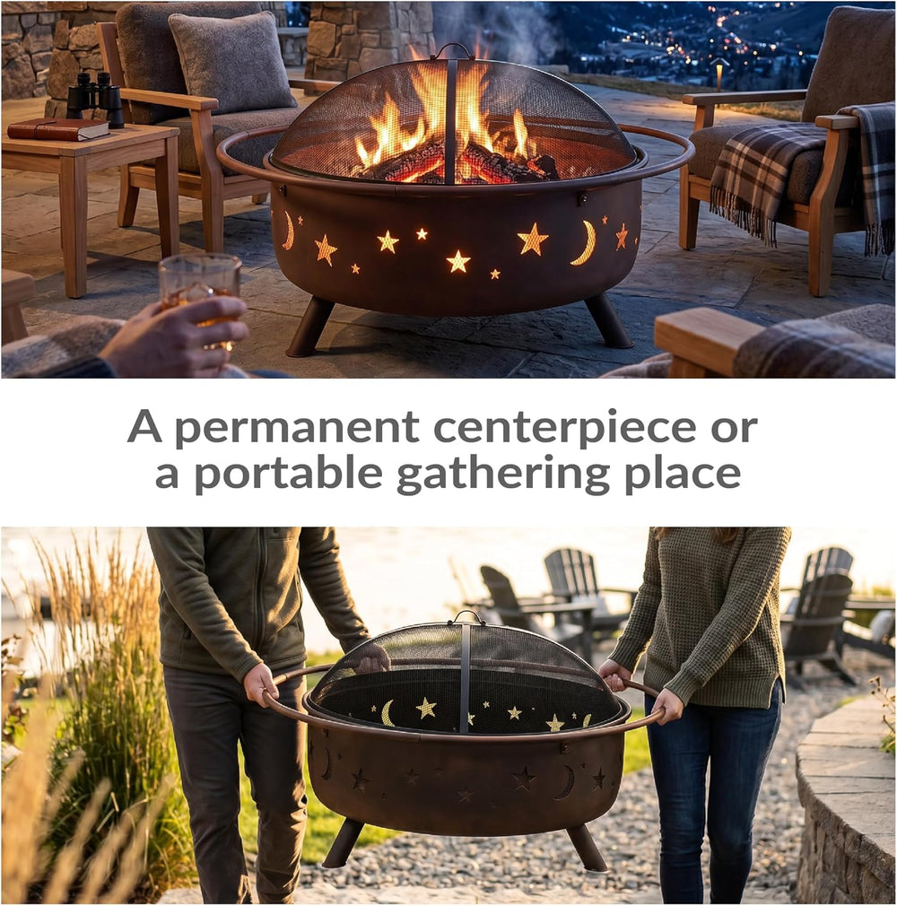 Sunnydaze Cosmic 42" Large Fire Pit for Outside Wood Burning, Round, Metal