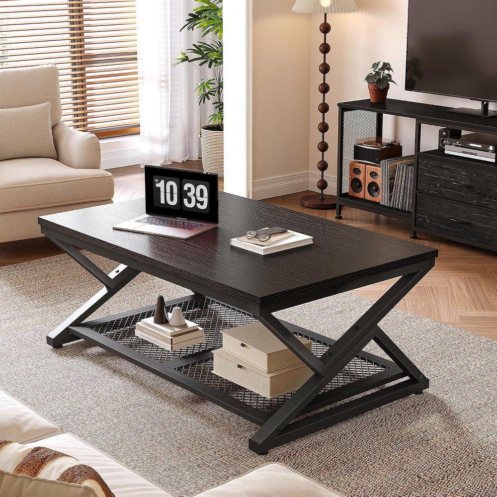 EnHomee Coffee Table with Storage & Shelf for Living Room, Black Oak