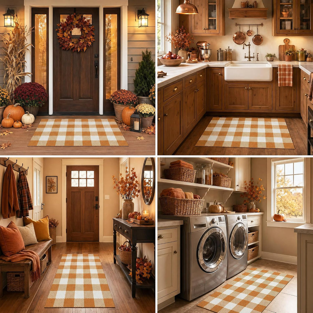 Fall Door Mat Caramel and White Buffalo Plaid Rug 3’x 5’, Washable Layering R...