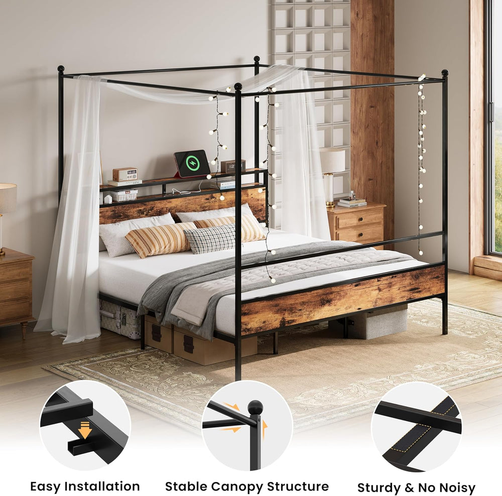 LIKIMIO Canopy Bed Frame King with Storage Headboard & Charging Station, ...