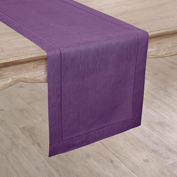 Solino Home Linen Purple Table Runner 60 Inches - Classic Hemstitch, 100% Pur...