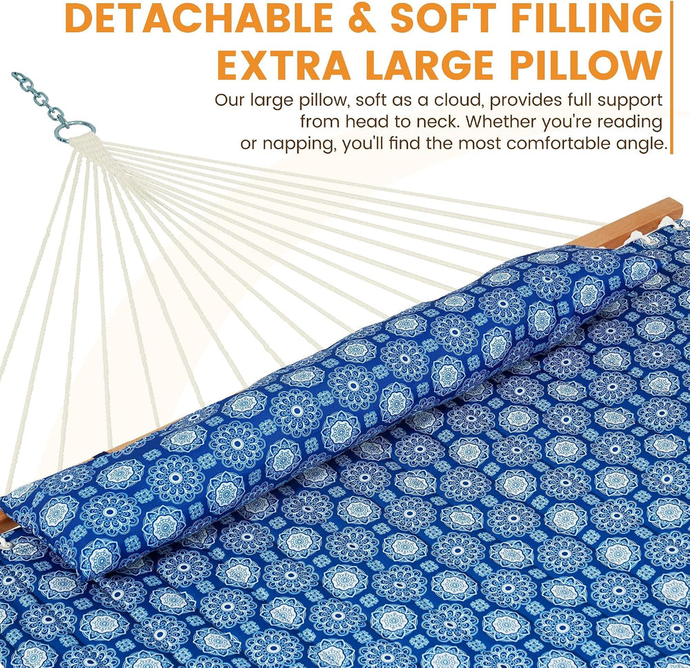 Lazy Daze 12FT Double Quilted Hammock for Outside with Pillow, Blue Floral