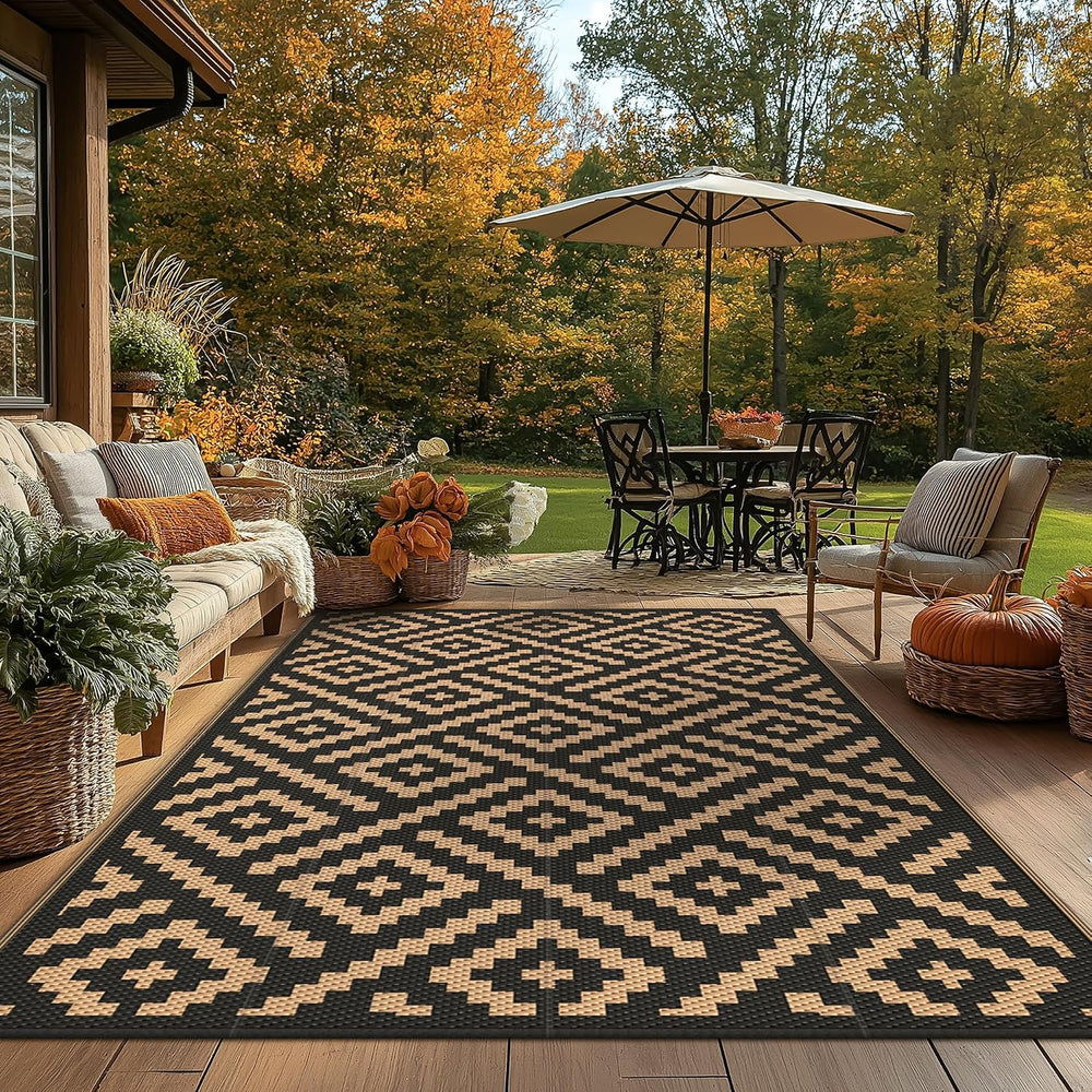 GENIMO Outdoor Rug, Waterproof Plastic Rugs for Patio, 4'x6' Black Brown