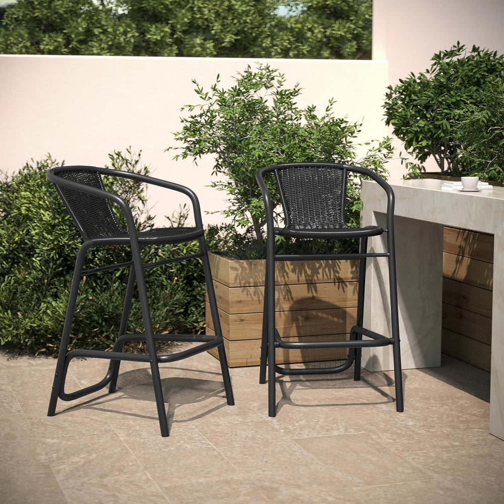 Flash Furniture PE Rattan Indoor/Outdoor Restaurant Barstool, Black, 2-Pack