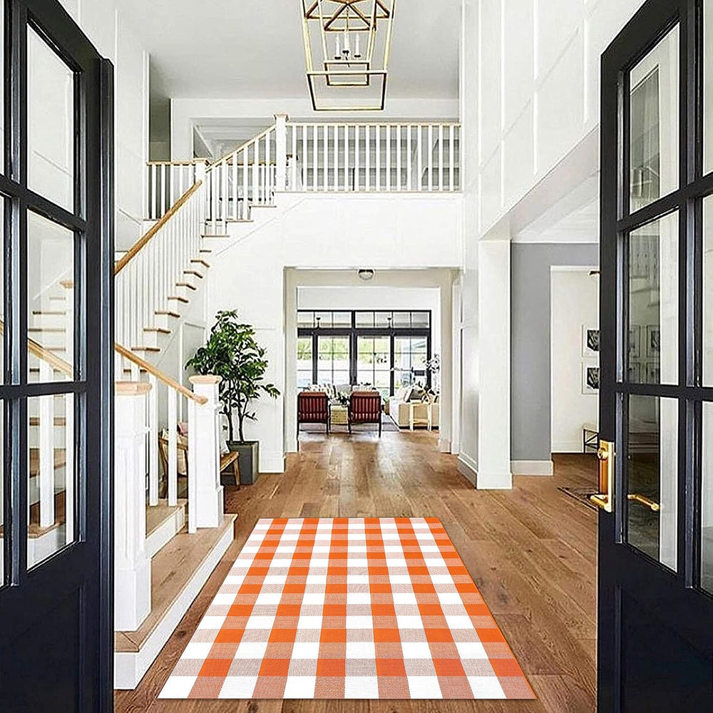 KILOCOCO 4'x6' Fall Orange White Buffalo Plaid Rug Halloween Front Do...