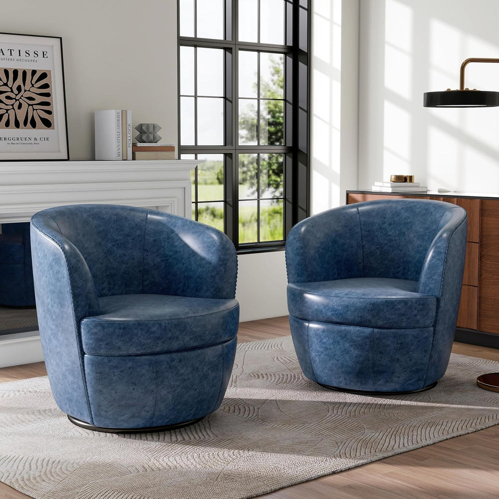Oversized Swivel Barrel Chair, Comfy Reading Armchair, Navy Blue, Set of 2
