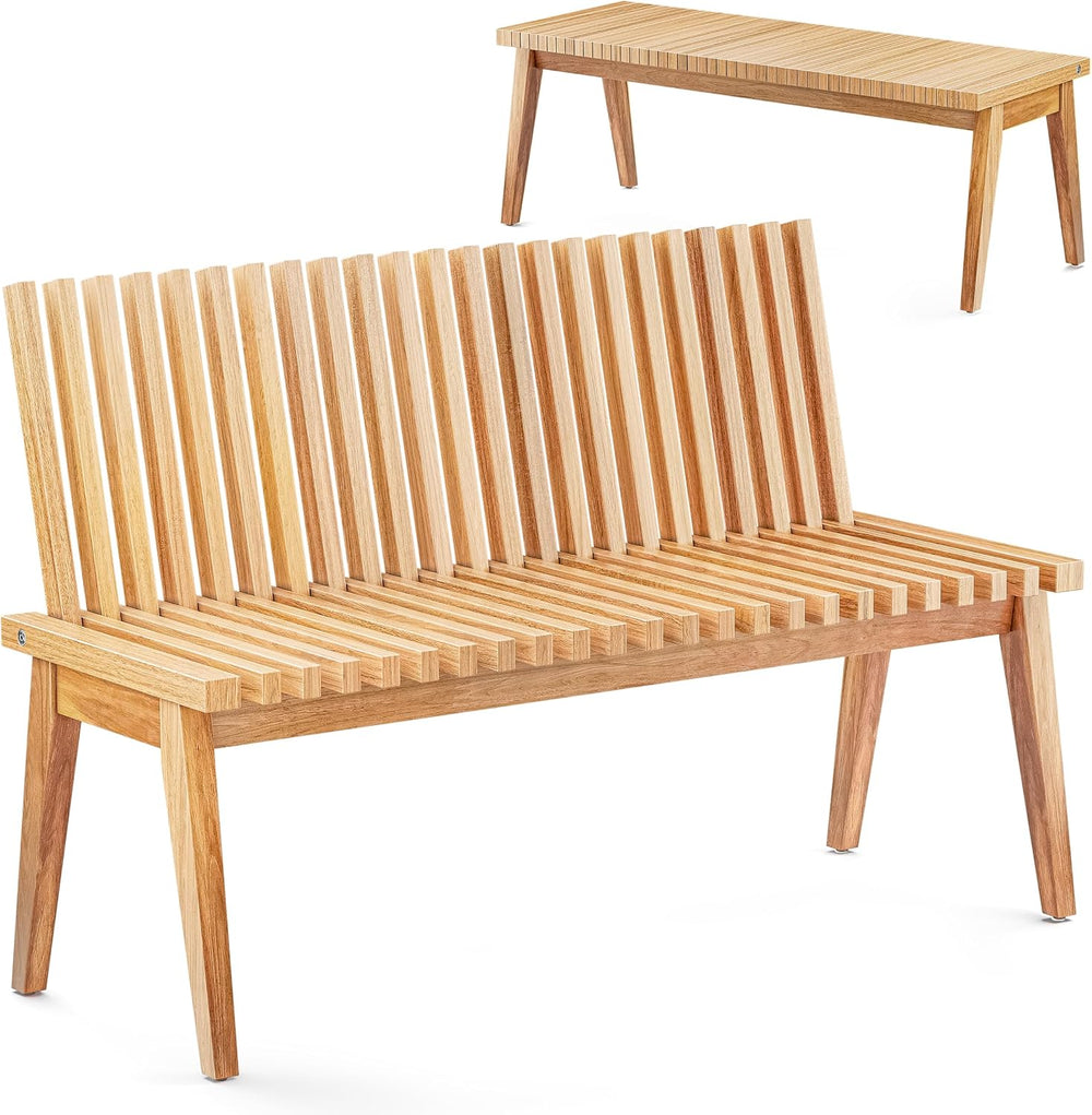 Melino Wooden Bench Outdoor 47" Convertible Acacia Wood Bench, Solid Woo...