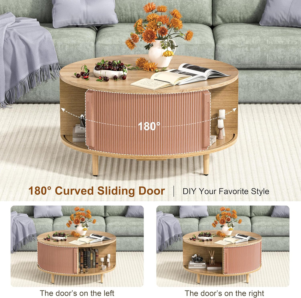 Round Coffee Table, 31.5" Fluted Center Table with Storage, Lift-Top Cof...
