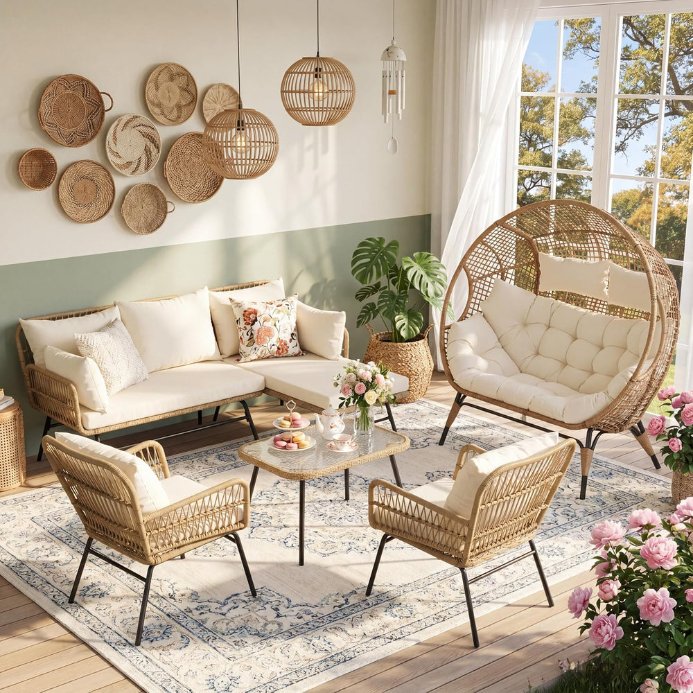 NICESOUL 6 Piece Boho Patio Furniture Set, 500lbs Heavy Duty Wicker Outdoor S...