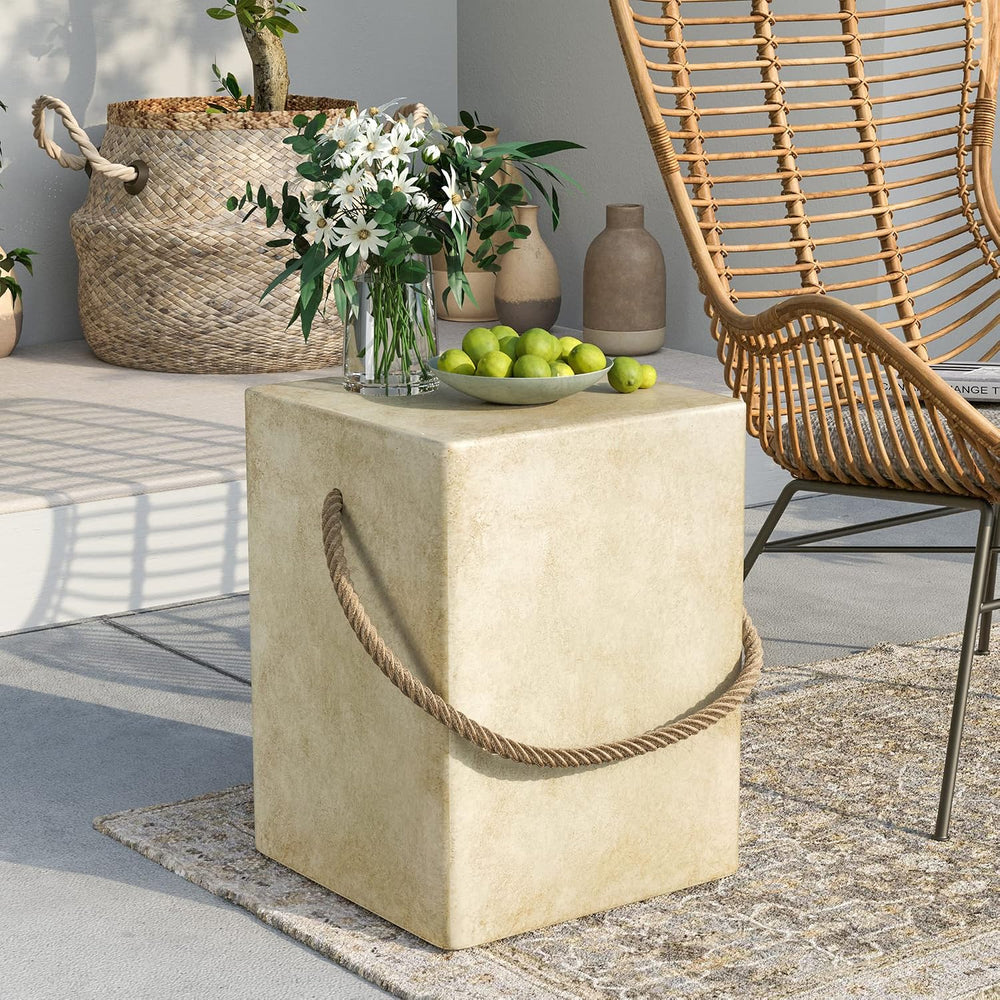 SUNBURY Outdoor Side Table, 18" H Concrete End Table for Patio w Hemp Rope