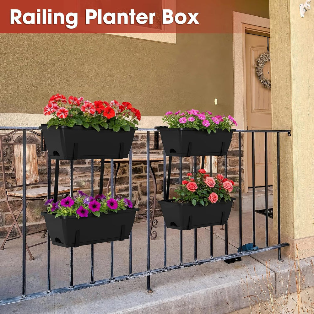 4 Pcs Hanging Flower Pots, 16.9 Inches Railing Planter Box, Black