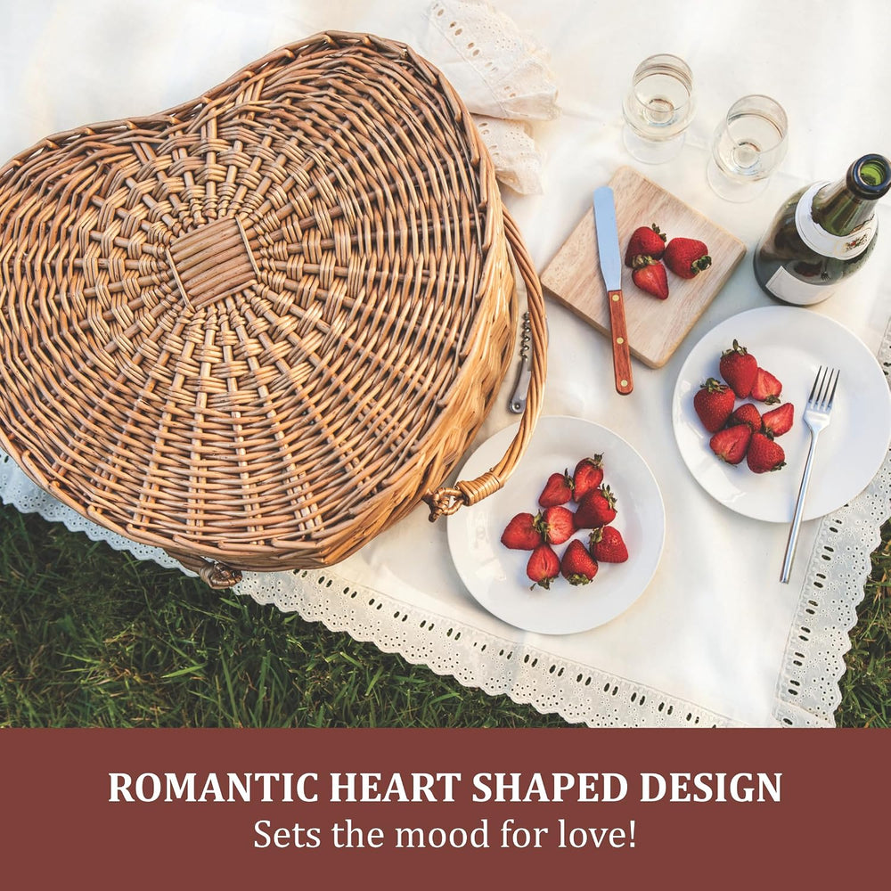 PICNIC TIME Heart Picnic Basket for 2, Wicker Basket with Handle, Complete De...