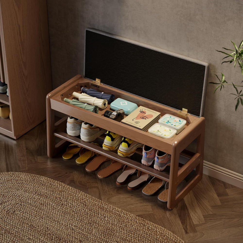 AQIMUELE Shoe Rack Bench, Wooden 2 Tiers with Flip-Top Storage