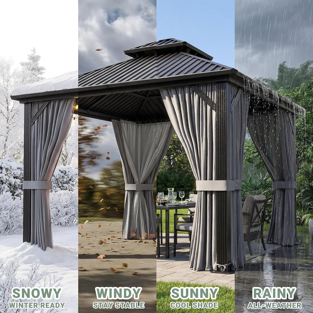 AirWire 8'x8' Hardtop Aluminum Gazebo with Curtains & Netting Dar...