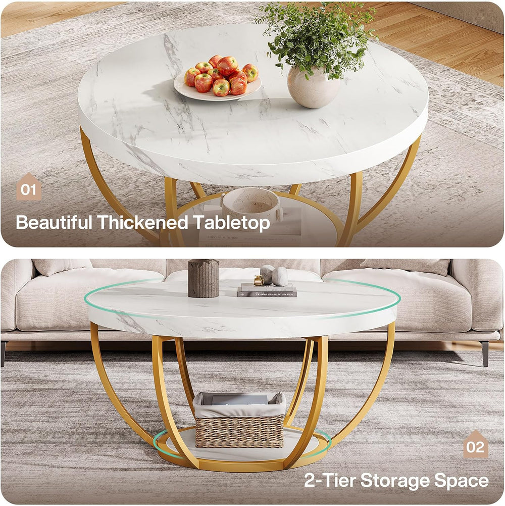 Tribesigns White and Gold Round Coffee Table, 31.7" Living Room Table