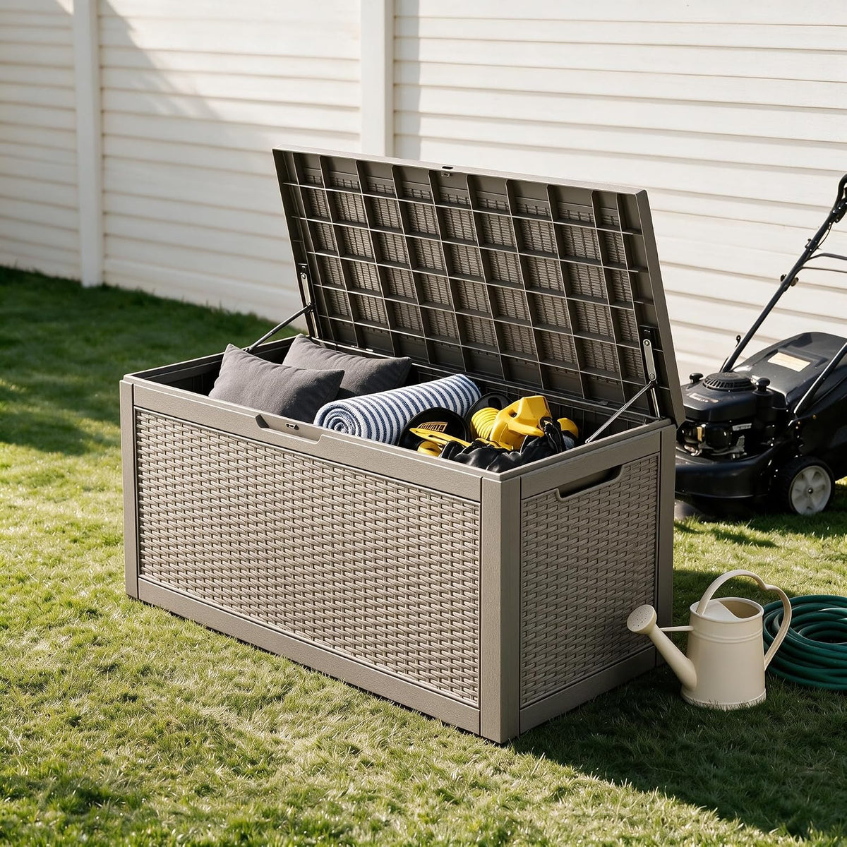 120 gallon deck box,lockable outdoor storage box gas shown in use
