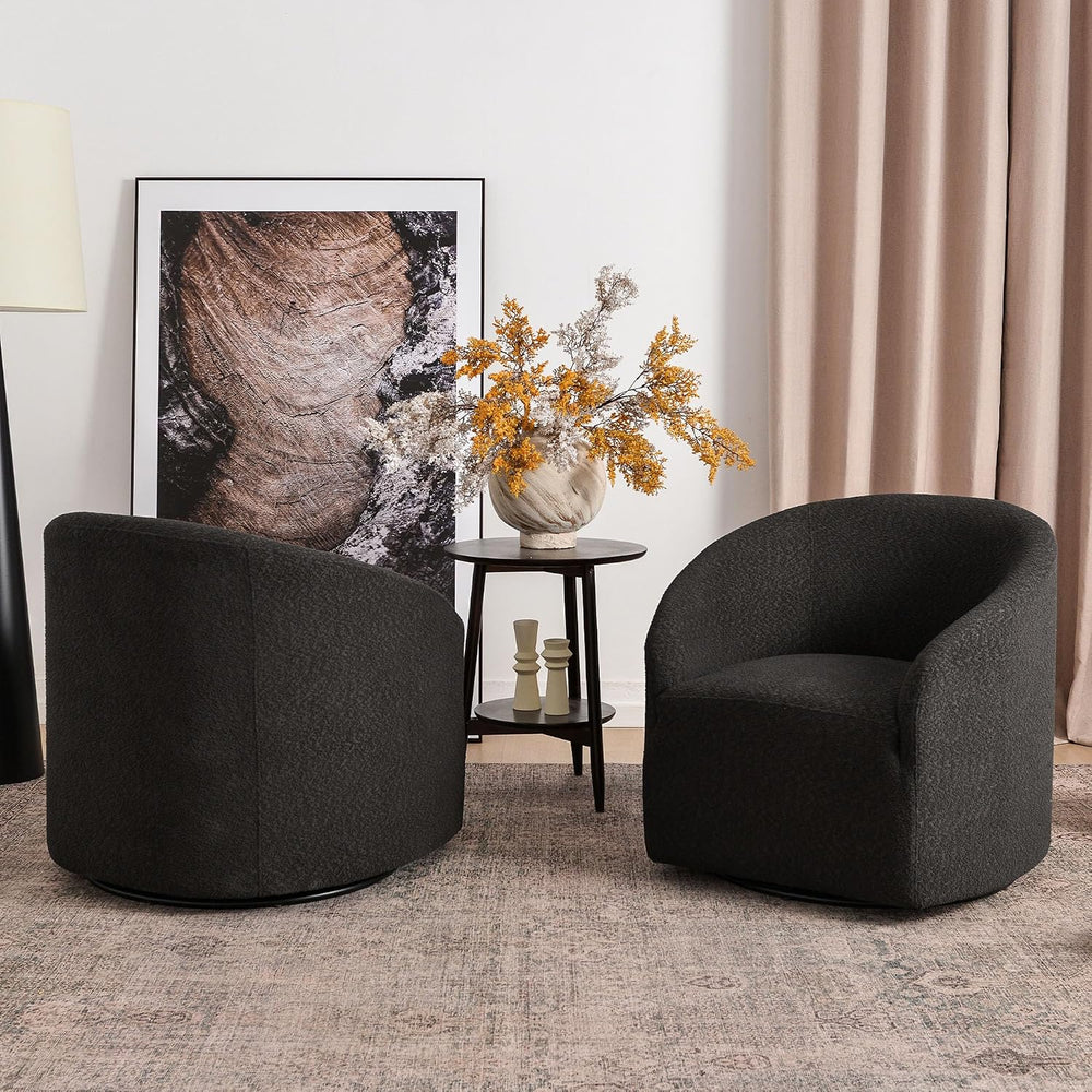 KINWELL 32" Wide No Assembly Boucle Swivel Barrel Chairs Set of 2, Black