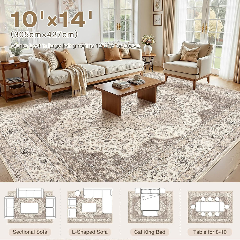 Vintage 10x14 Washable Area Rugs for Living Room, Non Slip, Brown