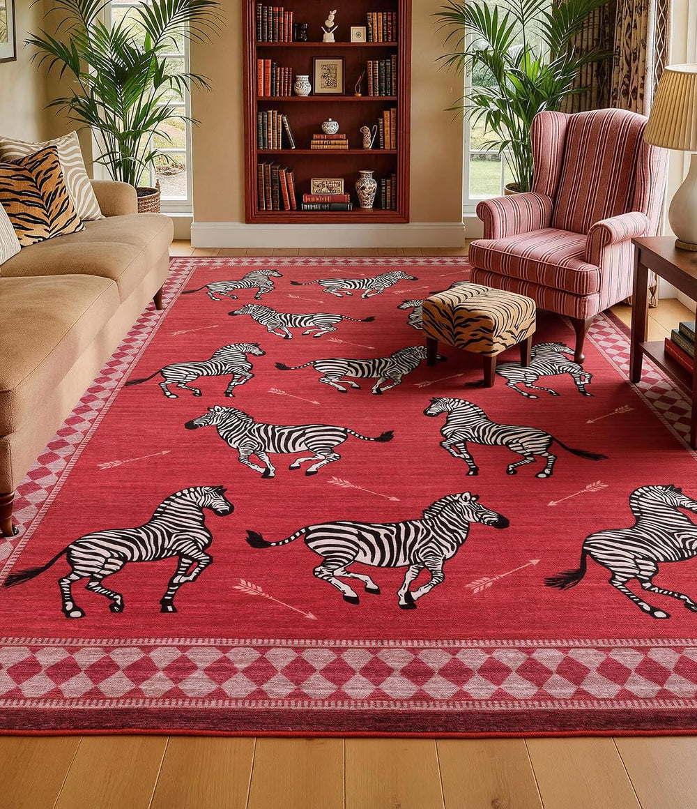 YIHOUSE Red Zebra Area Rugs 6×9, Washable Animal Print Rug with Checkered Bor...