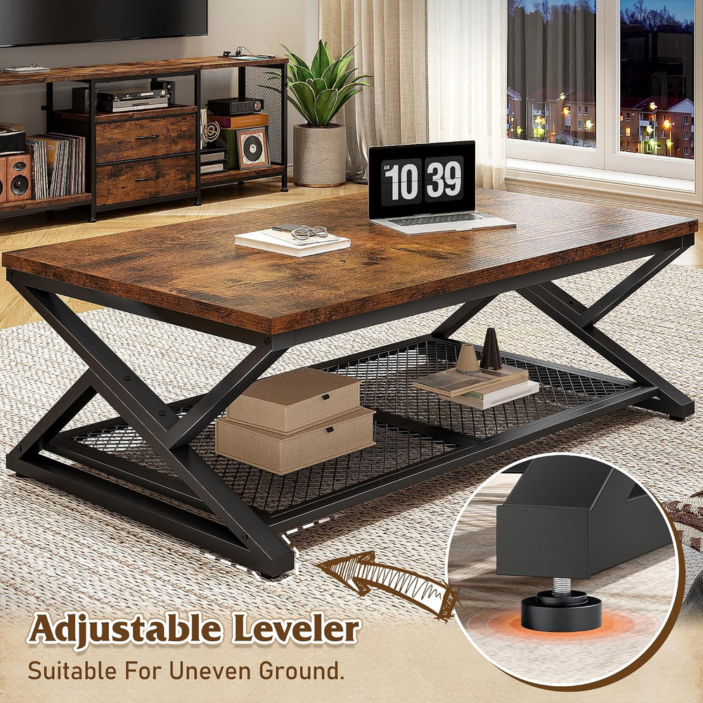 EnHomee Coffee Table, Storage & Shelf, X-Frame Stability, Rustic Brown