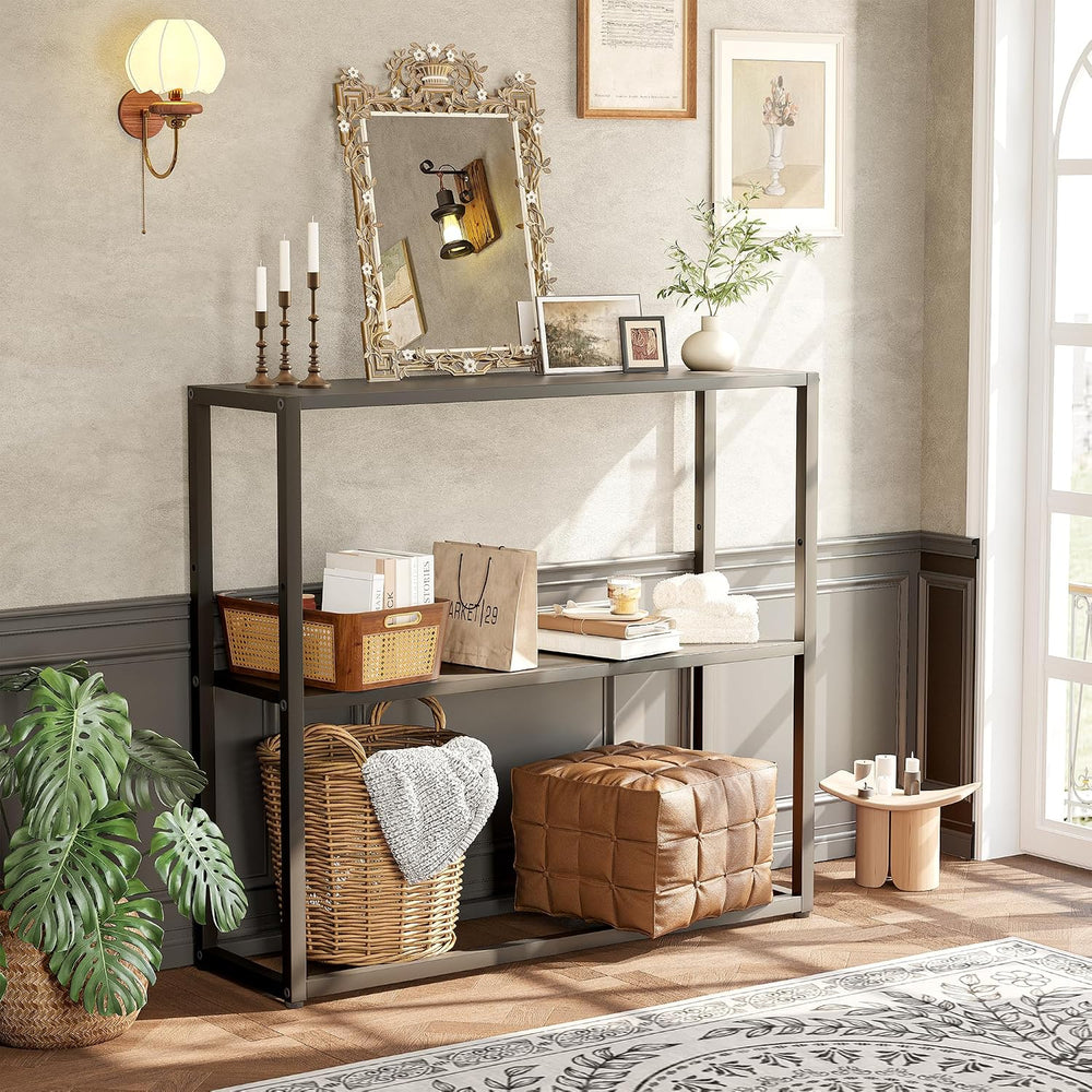 TIQLAB Small Entryway Table, 29.5" Narrow Console Table with Shelves, Black