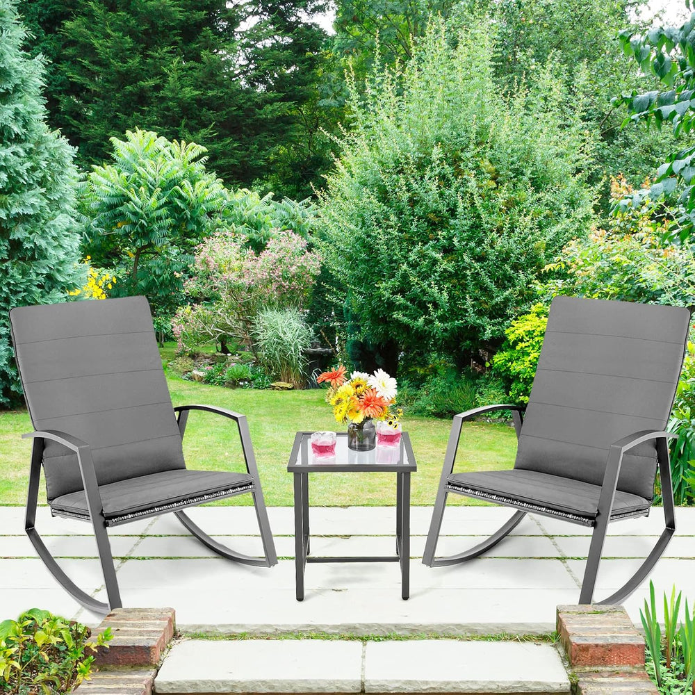 Tangkula 3 Pieces Patio Rocking Bistro Set, PE Rattan Rocking Chairs with Tem...
