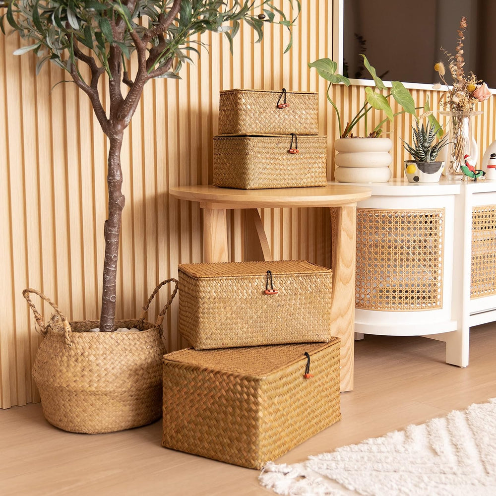 4 Pack, Wicker Baskets with Lids, Natural Seagrass Storage Baskets, Woven Rec...