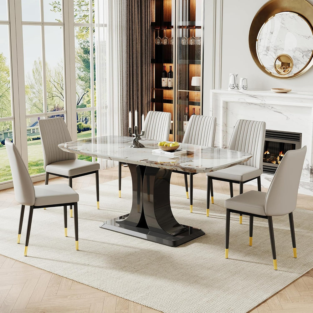 Modern Dining Table Set for 6, Marble Kitchen Table Chair Set for 6, Rectangu...