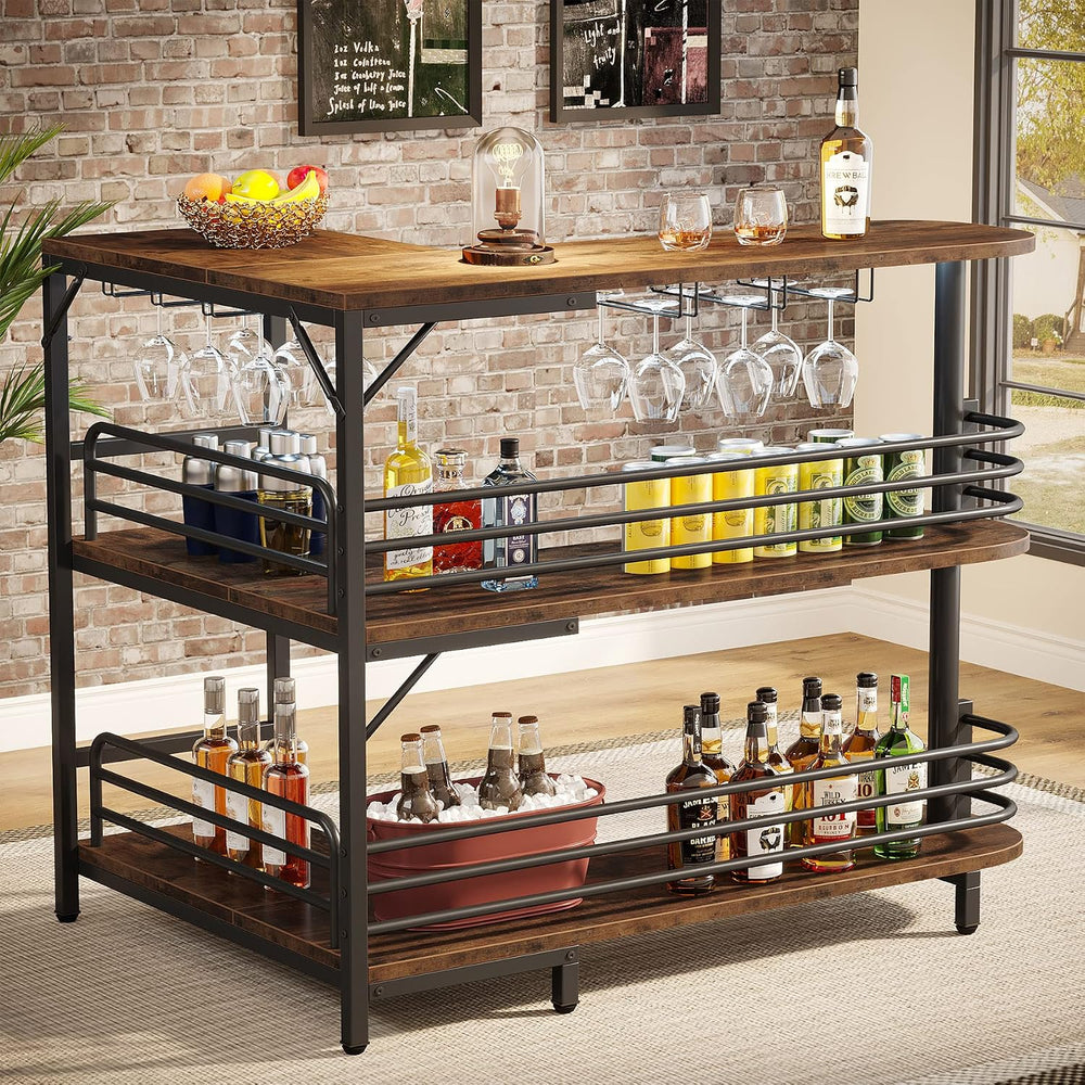 Tribesigns L-Shaped Home Bar Unit, 3 Tier Liquor Table With Storage Shelves a...