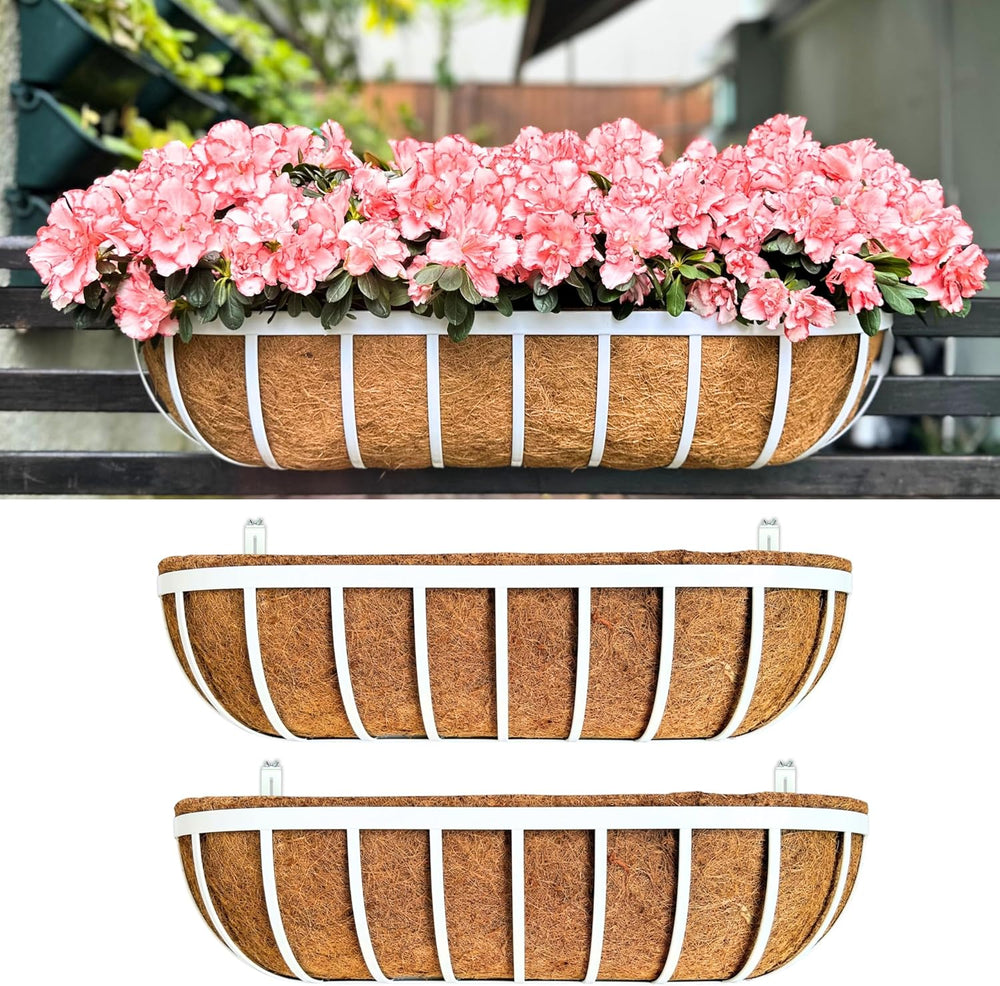 LaLaGreen Deck Railing Planter Boxes (2 Pack, 30") White Metal Rectangul...