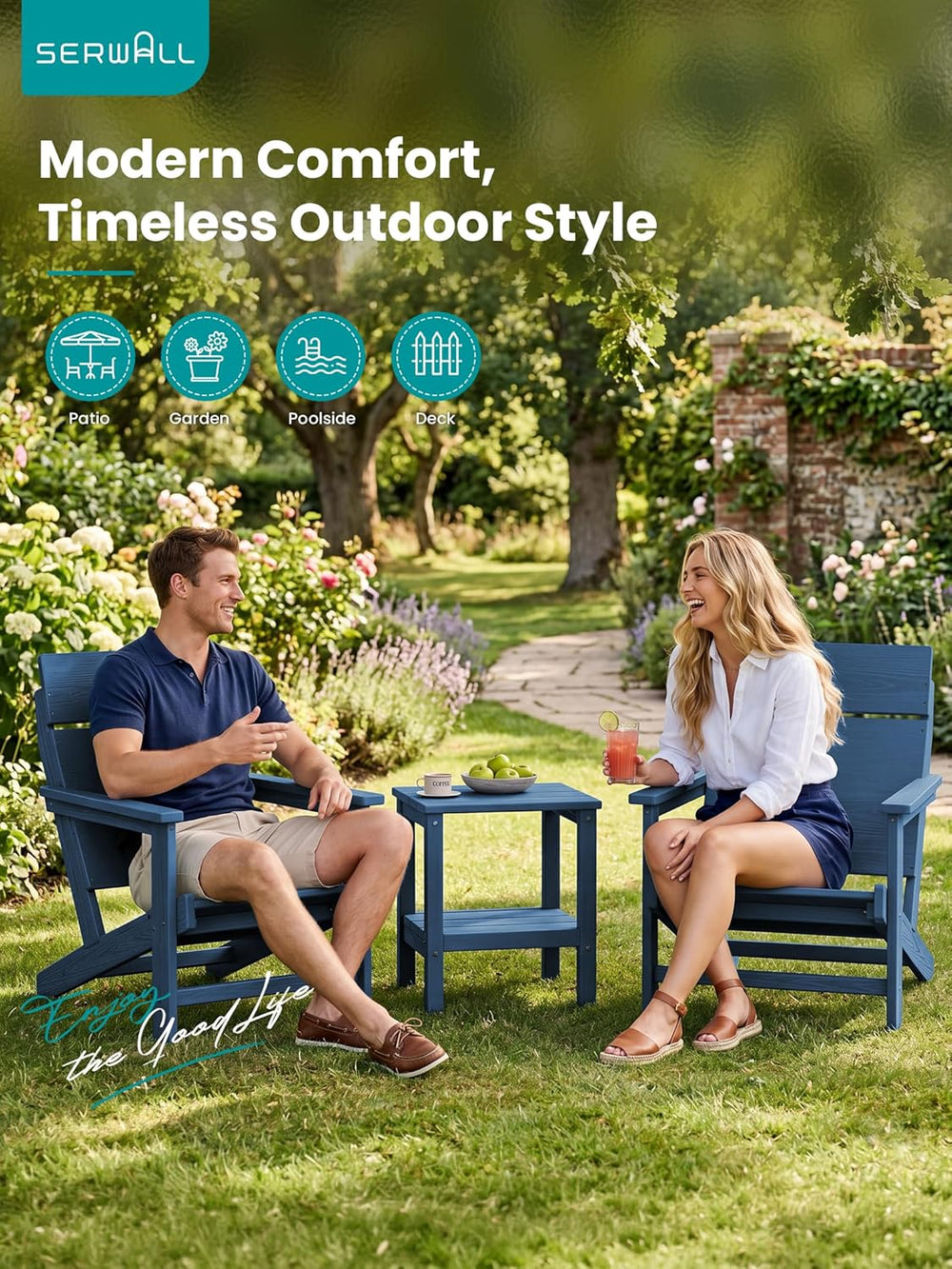SERWALL Modern Adirondack Chairs Set of 4,Slateless,Solid Backrest,Blue