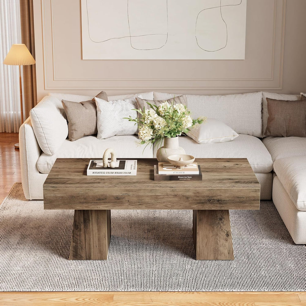 LITTLE TREE Farmhouse Coffee Table, 47 Inches Wooden Rectangular Accent Cente...