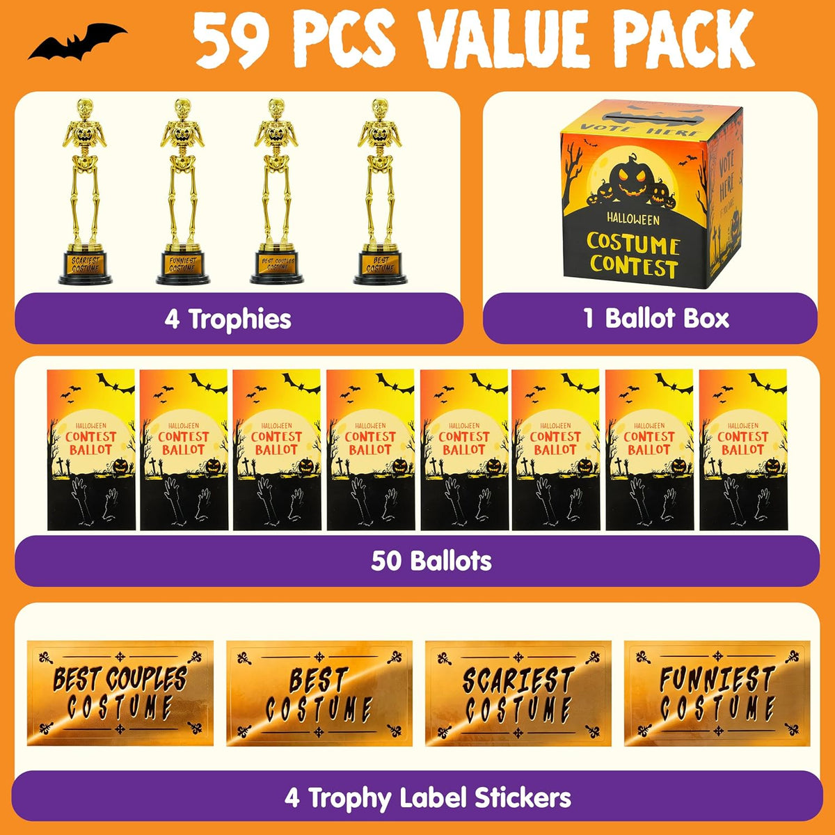 JOYIN Halloween Costume Contest Ballot Card Box, 4 PCS Trophy Awards Best Costume Skeleton, 50 PCS Voting Cards, Halloween Party Favor Supplies for Trick or Treating, Students Classroom Prize