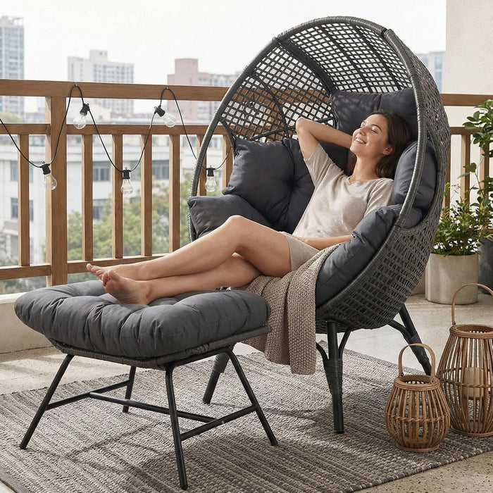 NICESOUL Patio Egg Chair with Ottoman, Indoor Outdoor Egg-Shell Lounge Chair, Cozy Oversized Round Circle Chair, Boho Rattan Egg-Shaped w/Cushion for Living Room, Balcony, Porch, Gray