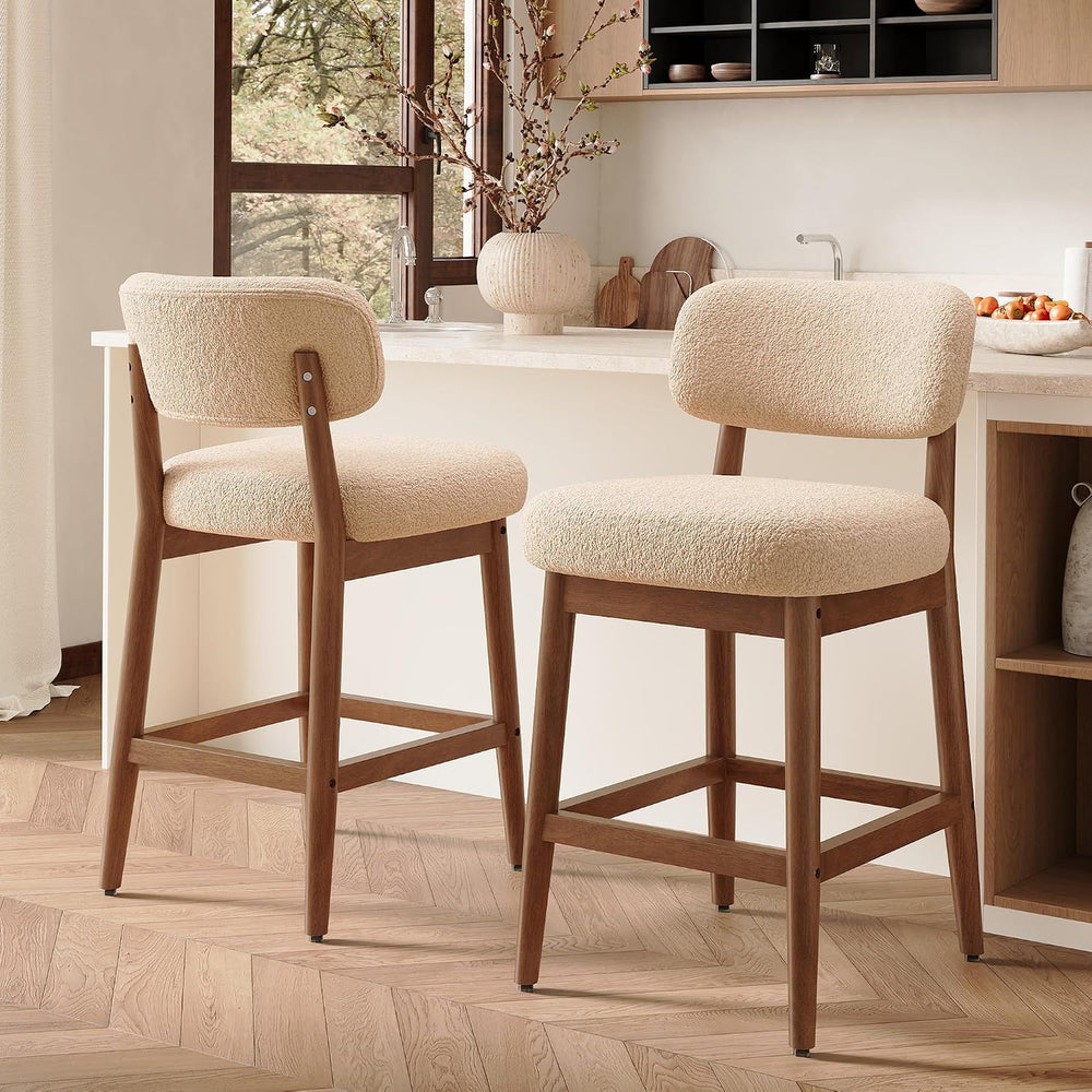 Solid Wood Counter Height Bar Stools Set of 2, Fluffy Boucle Bar Chairs with ...