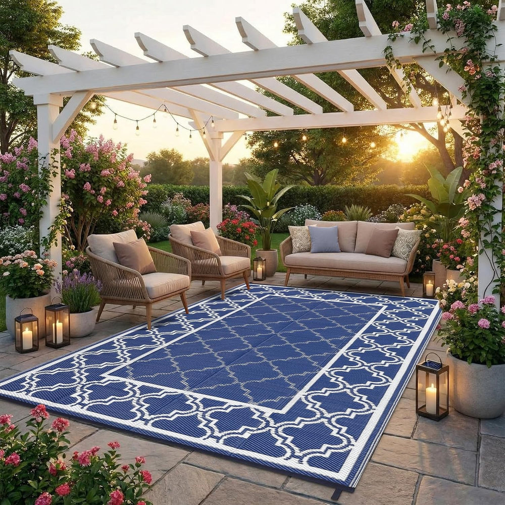 Garvee Reversible Outdoor Rug 6x9, Waterproof Outdoor Plastic Rug, Blue