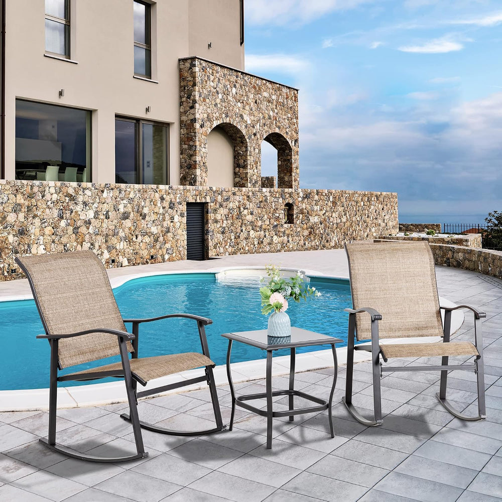 Vongrasig 3 Piece Outdoor Rocking Bistro Set, Textilene Fabric Small Patio Fu...