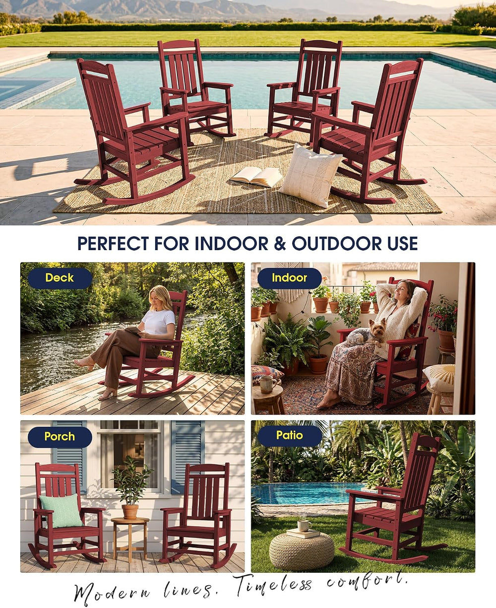 KINGYES Oversized Outdoor Rocking Chairs Set of 2, HDPE Porch Rockers, Red