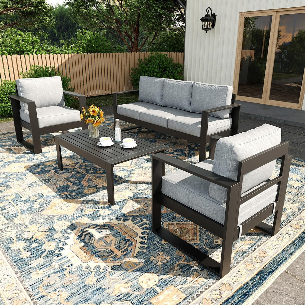 4 Piece Modern Aluminum Patio Furniture Set, Outdoor Patio Sectional Conversa...