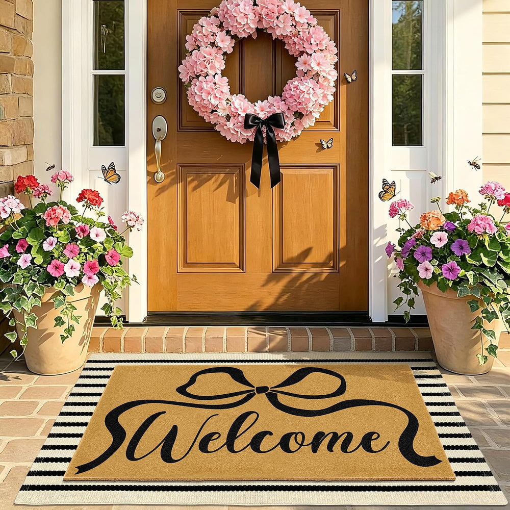 2 Pcs Coir Bow Welcome Mat Outdoor Stripe Layering Rug for Outside Entrance