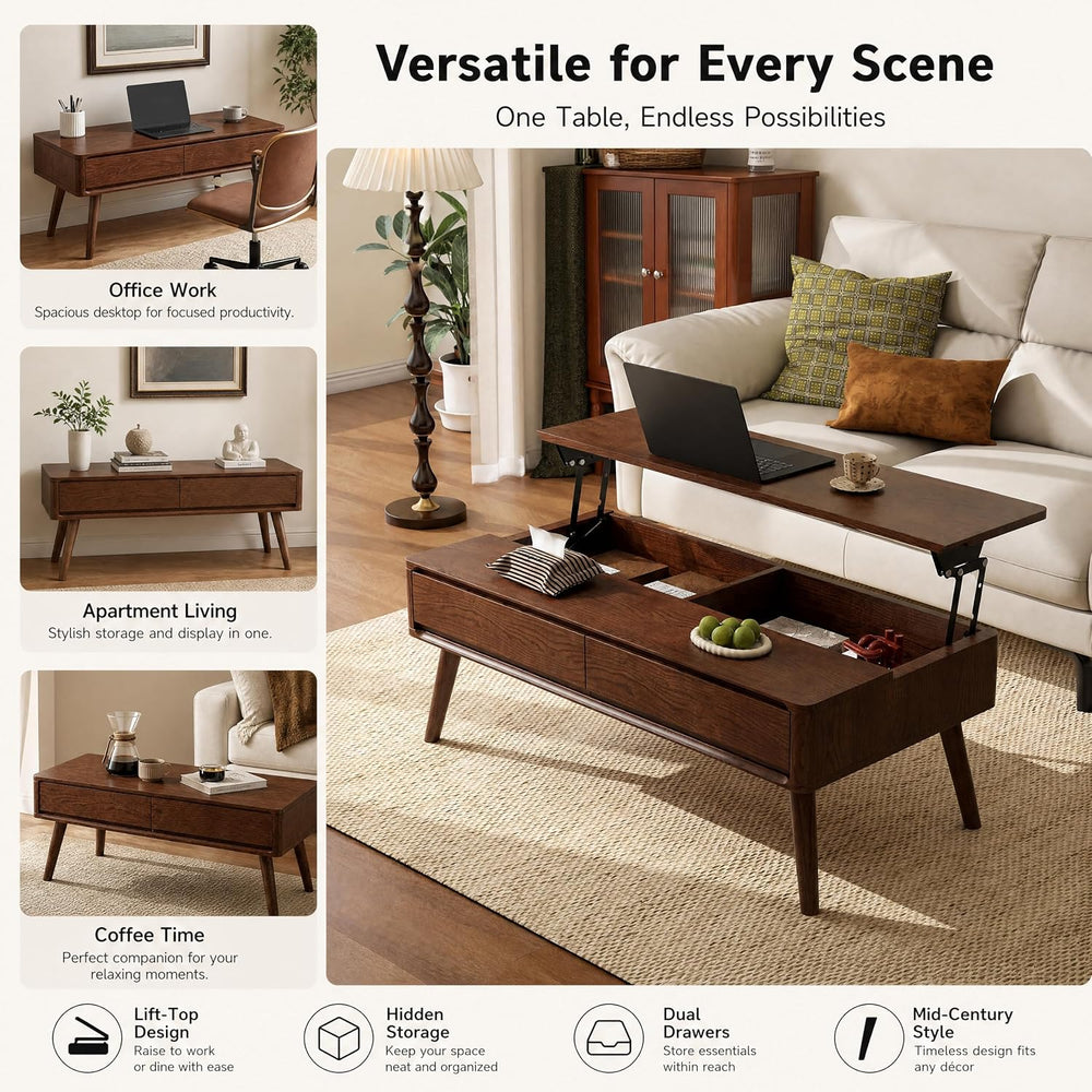 Solid Oak Wood Lift Top Coffee Table for Living Room, Fully-Assembled
