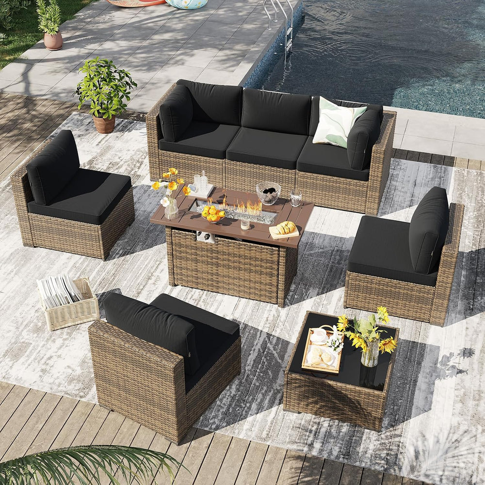 LazySunsets 8 Piece Outdoor Patio Furniture Set with 44'' Fire Pit Ta...