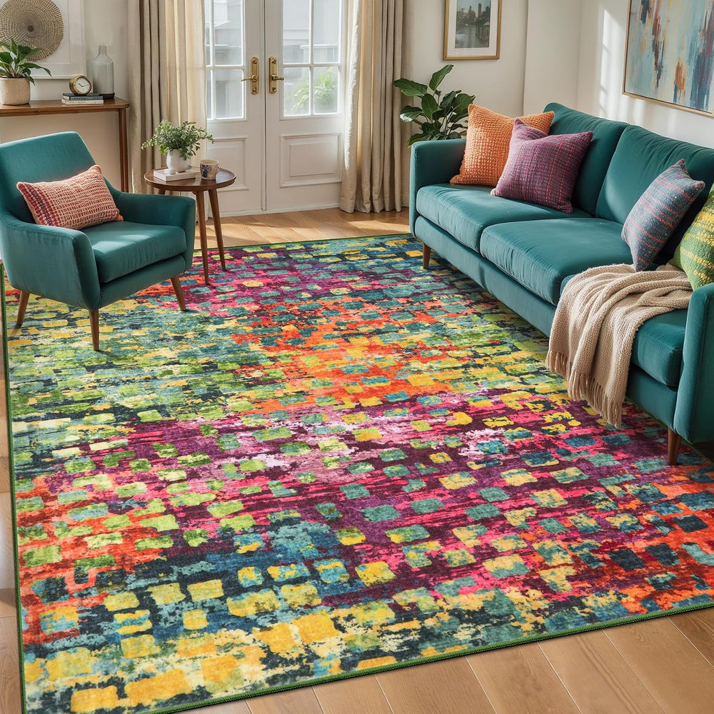 Colorful Abstract 4x6 Washable Rug, Modern Non Slip Rugs for LIving Room