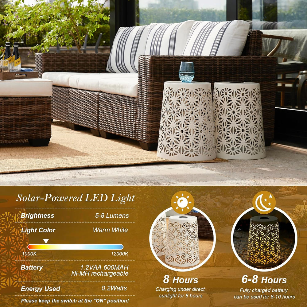 Glitzhome Ourdoor Side Table Set of 2,Solar Iron Cutout Geometric Pattern Dec...