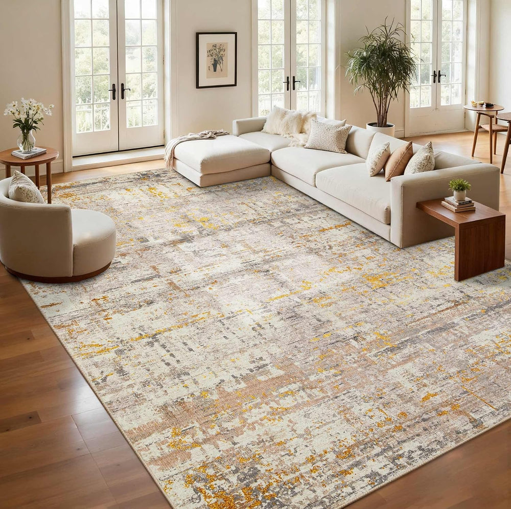 Rugxara 9x12 BeigeGold Modern Abstract Neutral Washable Rug for Living Room