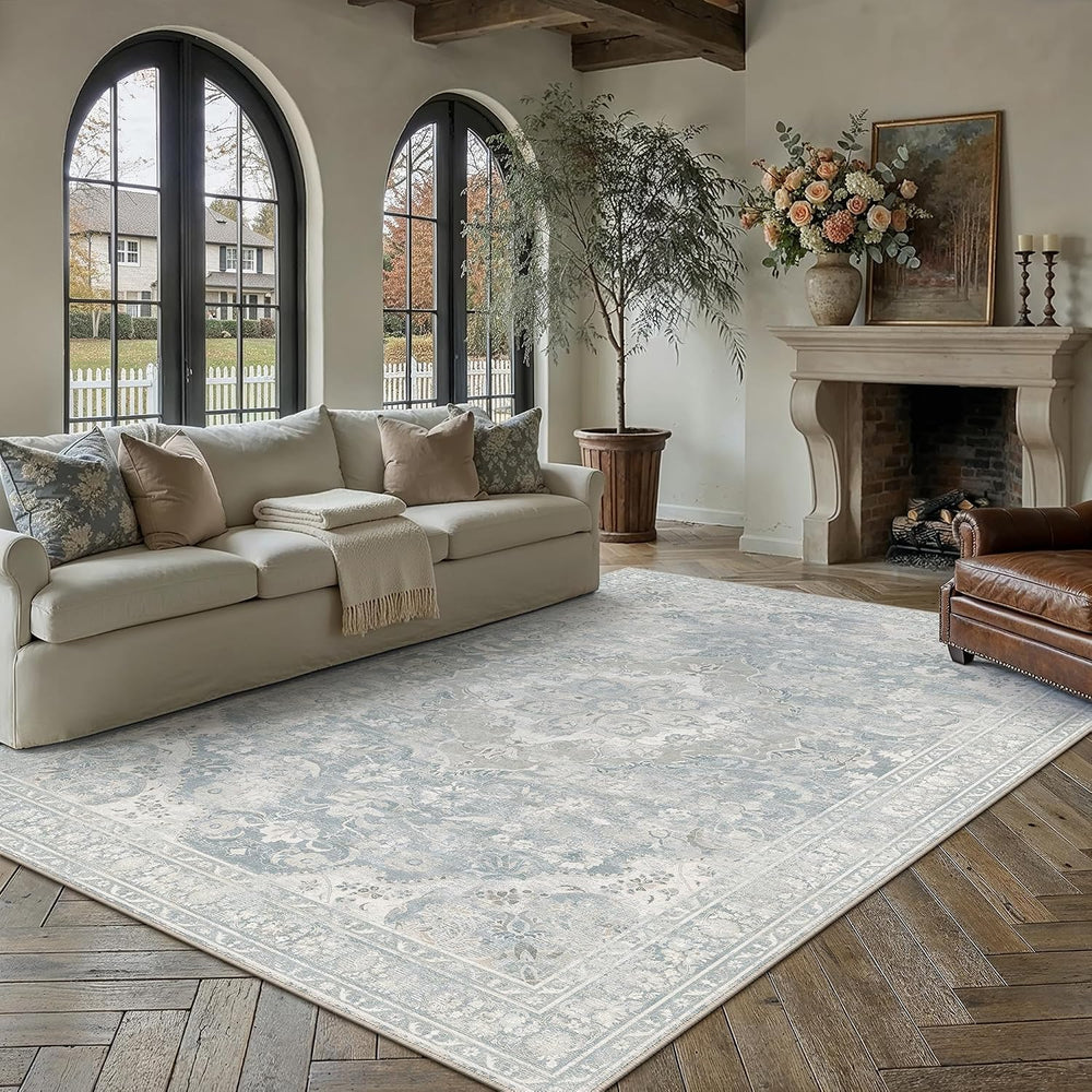 PureCozy Blue Area Rug 8x10 Living Room Vintage Floral Non-Slip Carpet