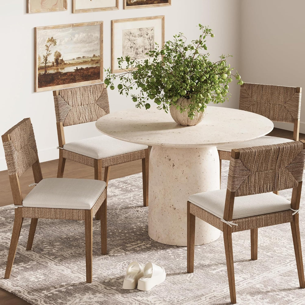Beacon Boho Dining Chair Set of 4, Boucle Dining Chair with Seagrass Accent a...