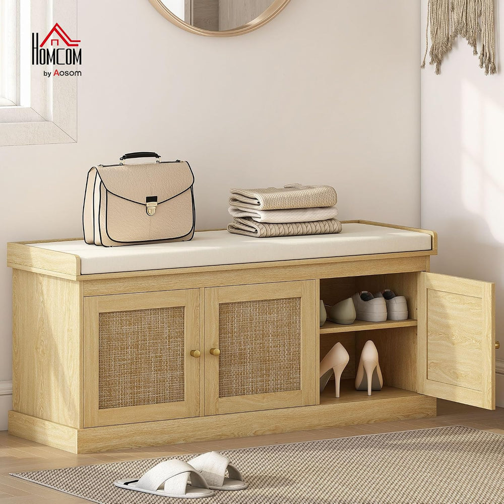 HOMCOM Shoe Bench Storage Rattan Doors 13.8 x 41.3 x 18.5 Inches Oak Tone