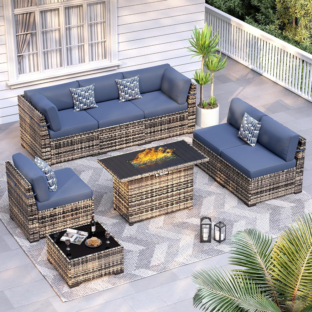 8-Piece Patio Furniture Set with 44” Fire Pit Table - All-Weather Wicker Conv...