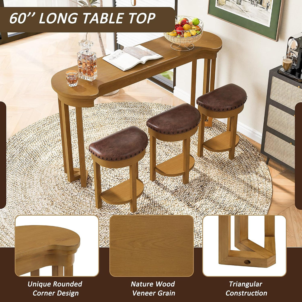 Merax 4 Piece Bar Table Set with 3 PU Upholstered Bar Stools, Solid Wood Coun...